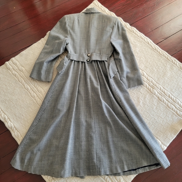 VINTAGE Micro Houndstooth Wool Long Riding Trench Coat Womens S/M Black ivory - Picture 12 of 14
